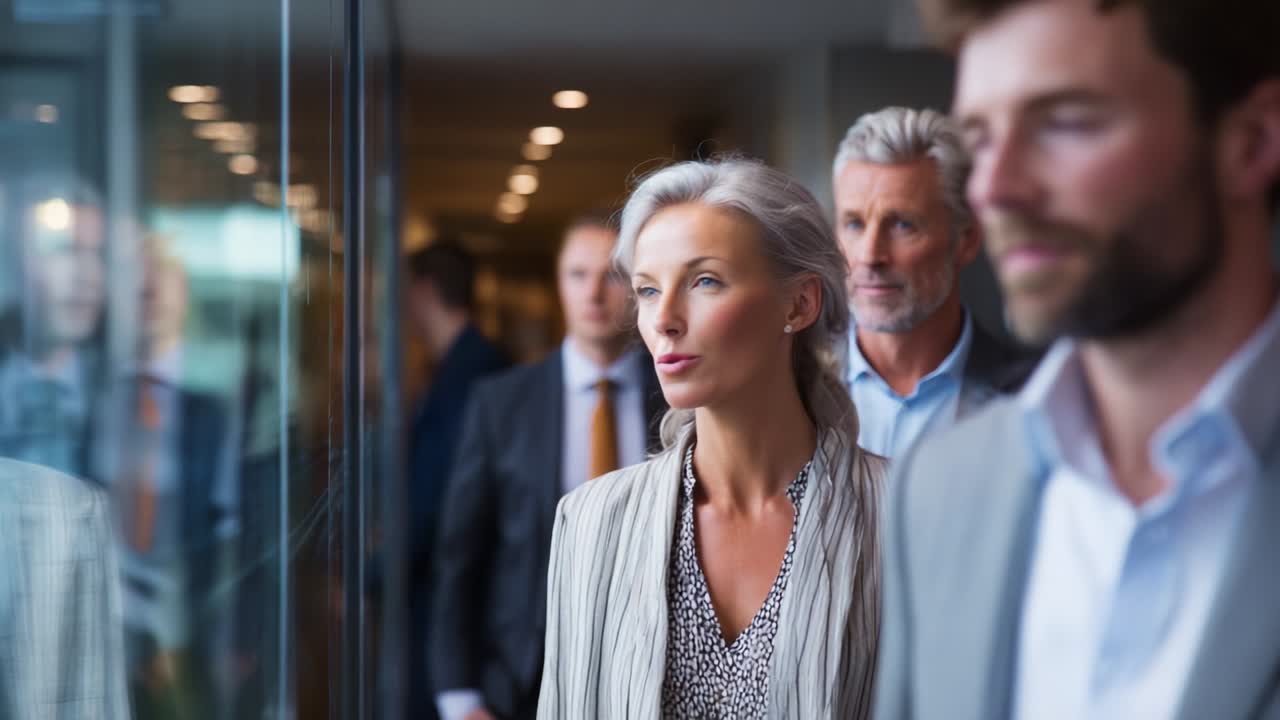A group of professionals in a modern office setting, deeply engaged in a moment of reflection, observing the surrounding environment, showcasing unity and focus amidst their sophisticated attire and expressions