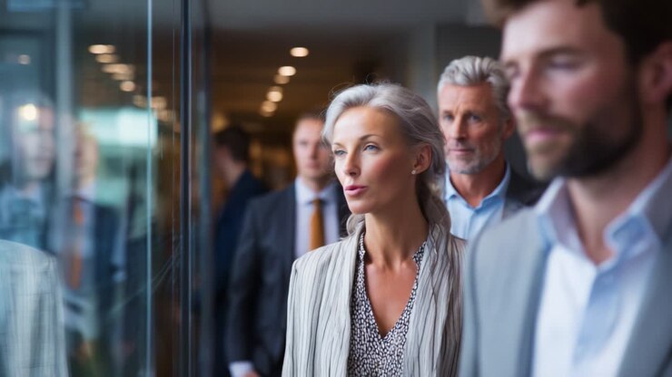 A group of professionals in a modern office setting, deeply engaged in a moment of reflection, observing the surrounding environment, showcasing unity and focus amidst their sophisticated attire and expressions