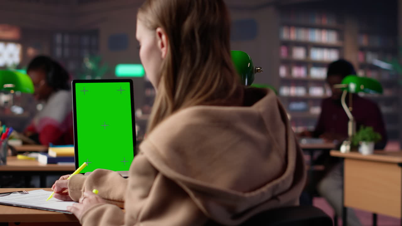 Vertical video young female student studies for her upcoming exams with green screen