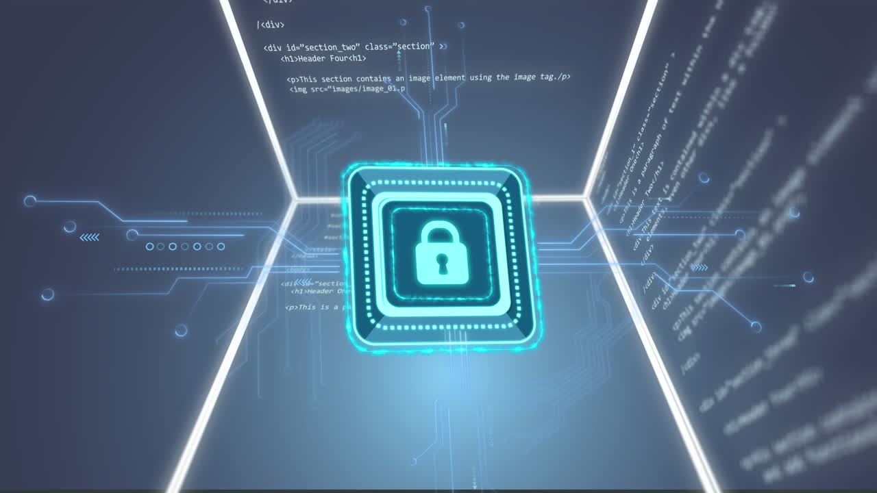 Animation of rotating cube and padlock over network of connections