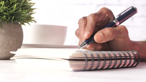 close-up of an elderly person's hand writing in a notebook