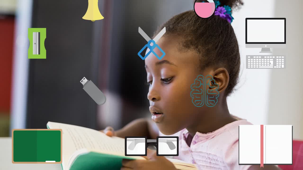 Animation of school icons scrolling over schoolgirl reading in class