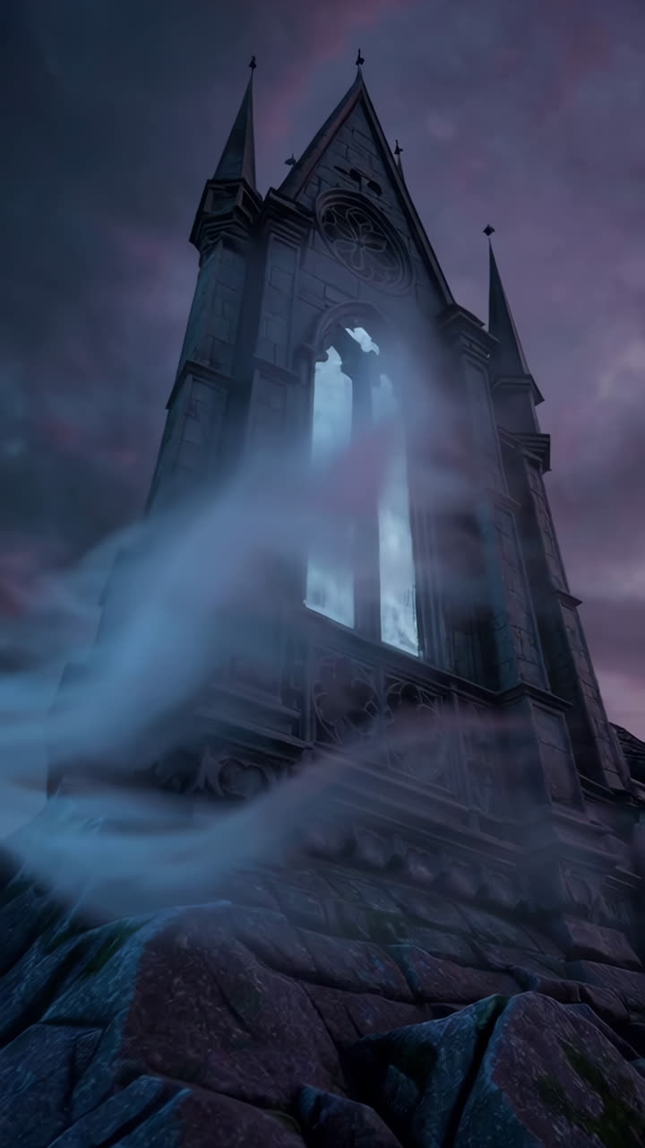 Misteriosa torre gotica nella nebbia