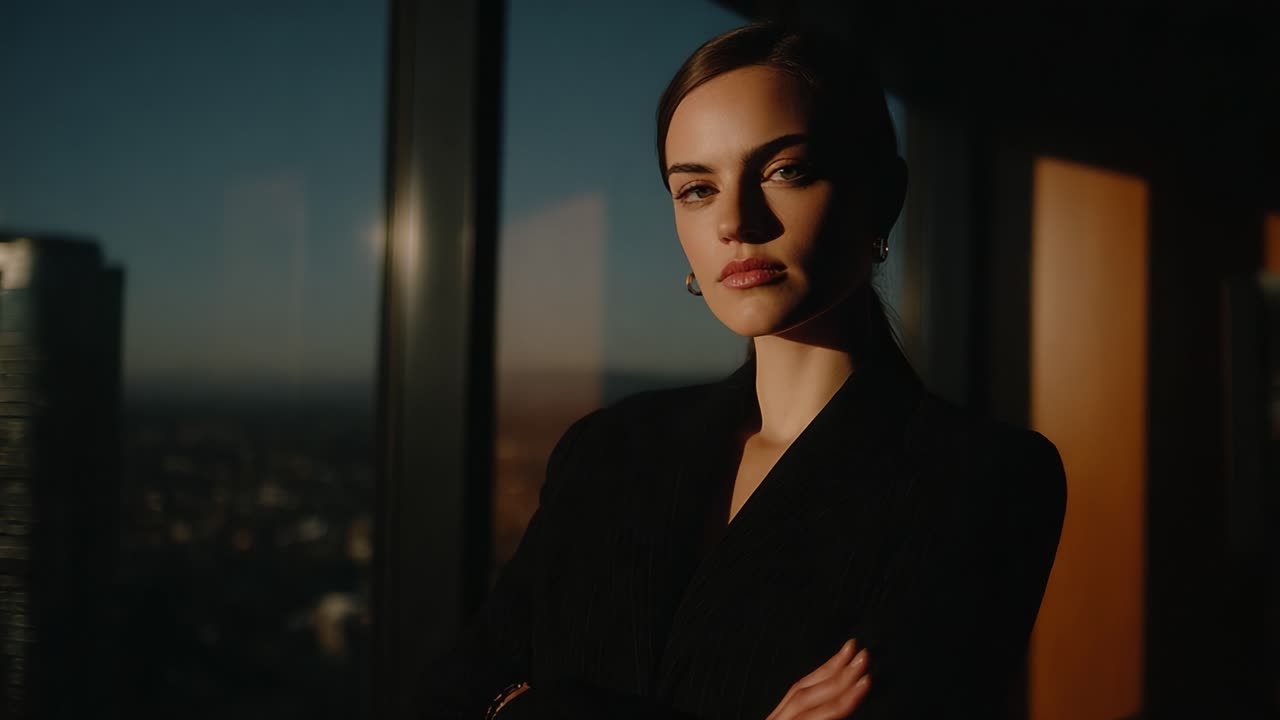 A Confident Woman Stands Elegantly by a Large Window, Bathed in Natural Light with a Scenic Cityscape in the Background, Exuding Strength and Poise