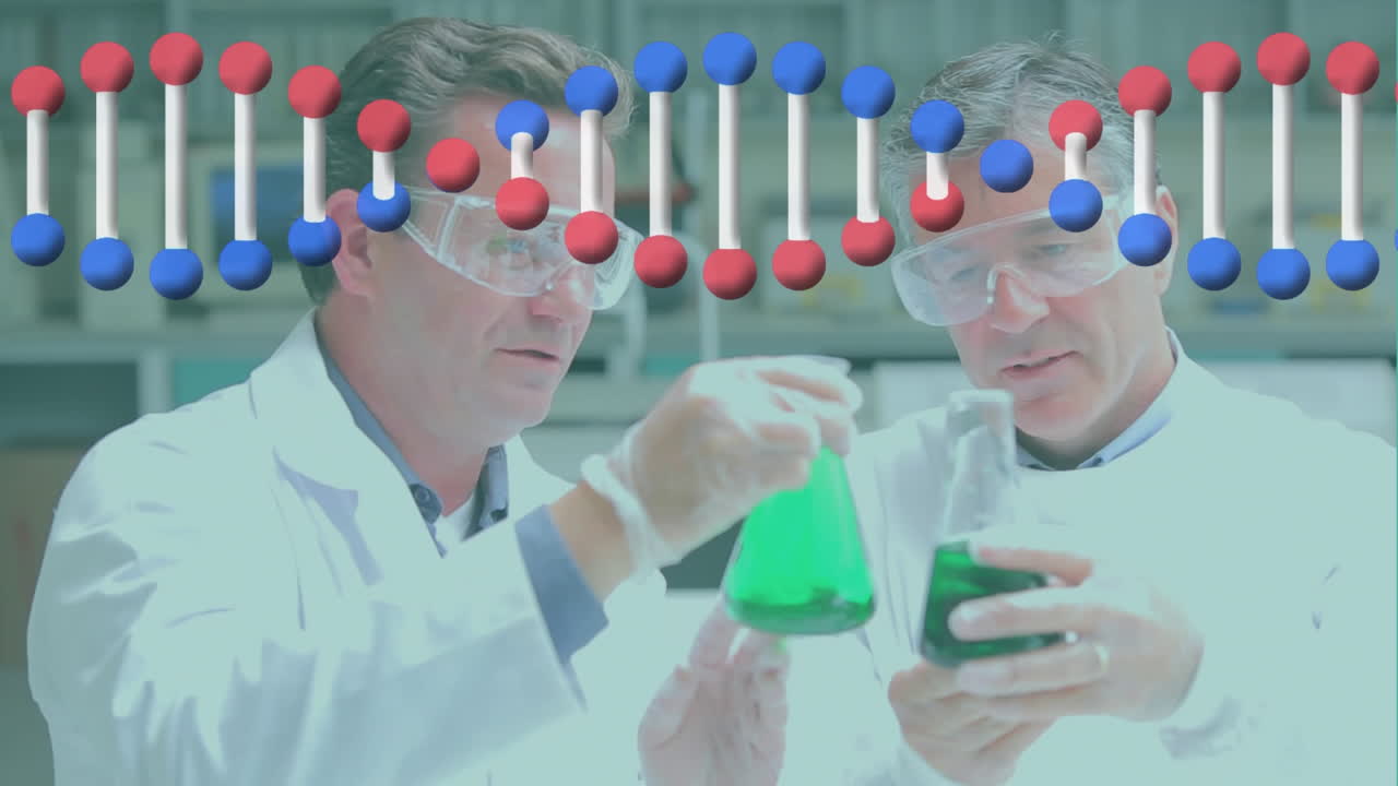 Animation af DNA-streng over kaukasiske mandlige forskere, der holder bægerglas