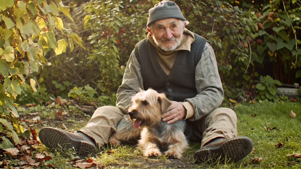 A Heartwarming Connection: An Elderly Man Enjoying Precious Moments with His Beloved Dog Amidst a Serene Garden Setting