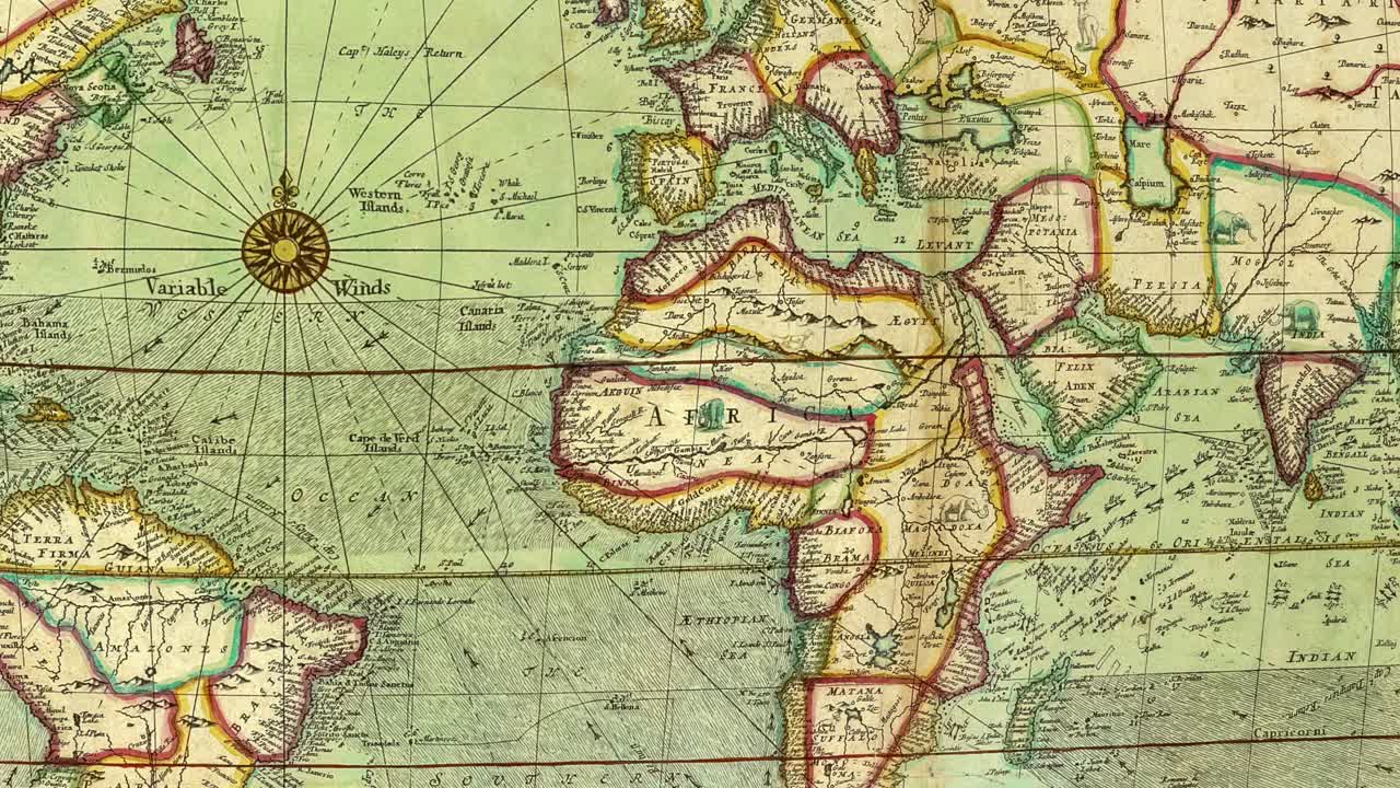 Old world map animation. Camera traveling from America to Europe