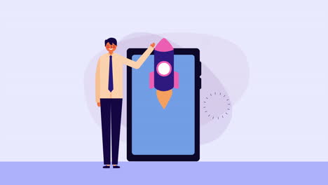 trabajador de negocios con teléfono inteligente y cohete