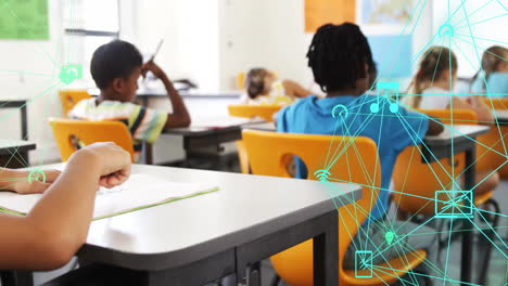 network of connections and data processing animation over students in classroom