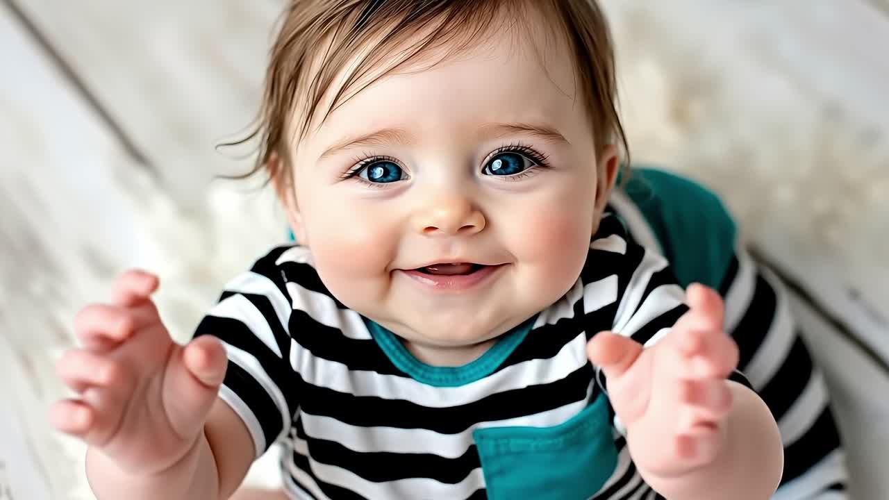 A baby with blue eyes smiles at the camera