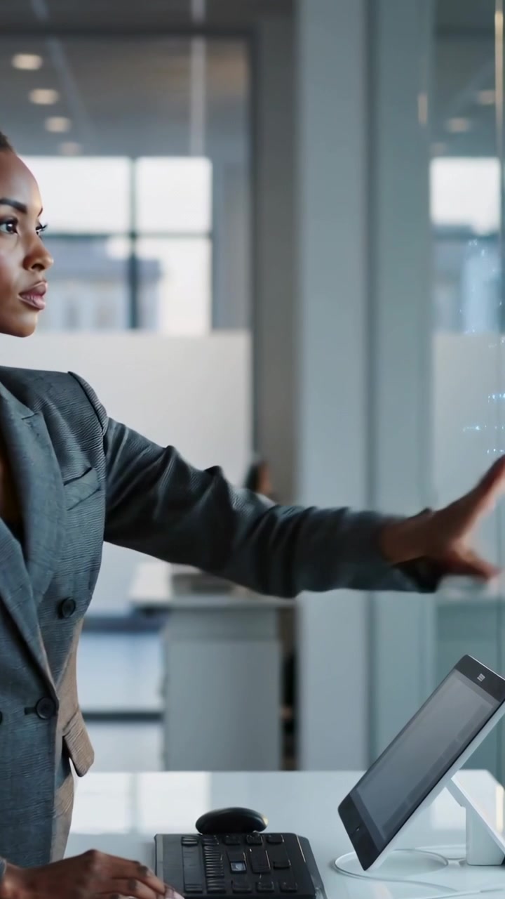 Vertical video: Seeing UI woman in grey suit tapping screen at desk selecting and resting on keys