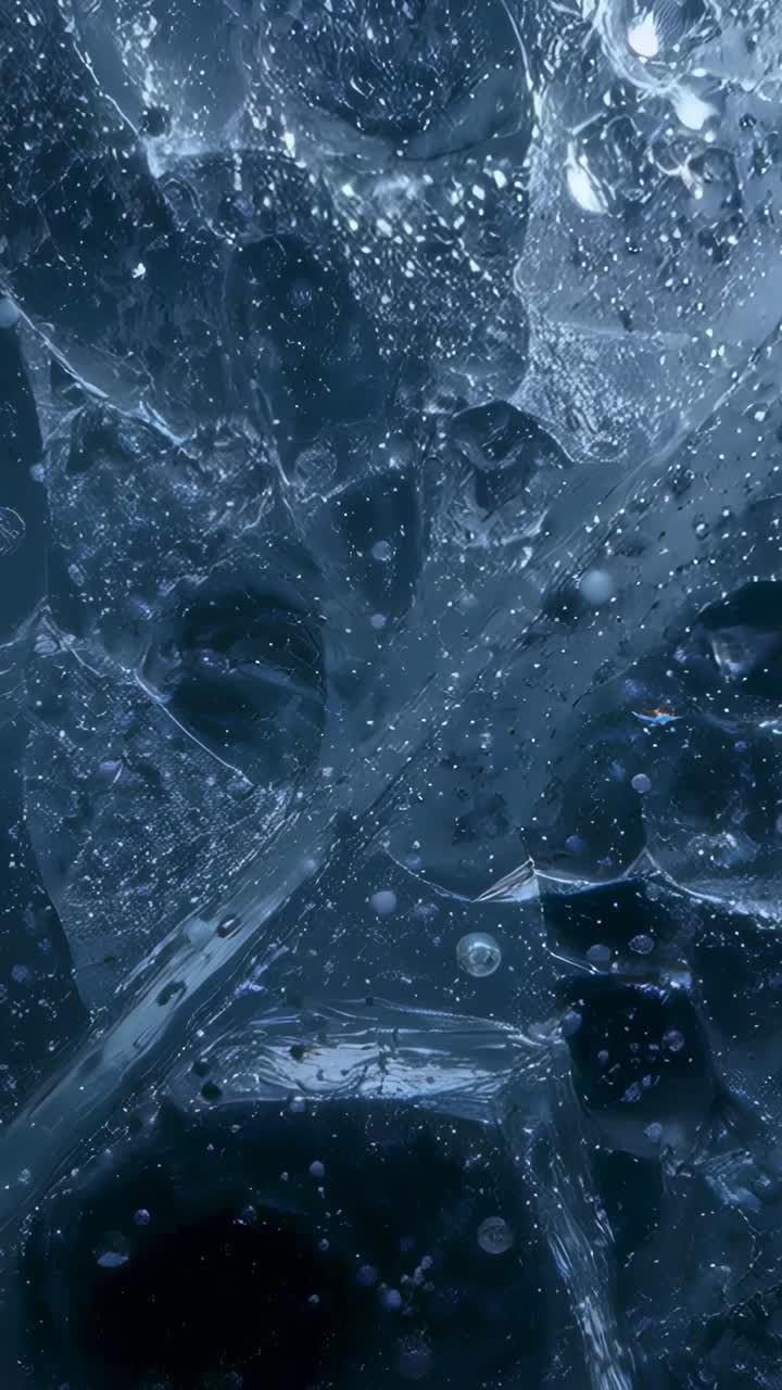 Video verticale: fotocamera che mostra macro di ghiaccio blu, rivelando bolle e fratture intrappolate