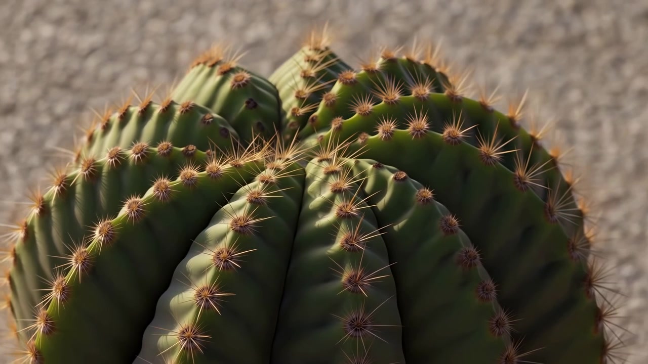 Primo piano ravvicinato di un grande cactus a botte verde mostrato da un'angolazione leggermente elevata. Segmenti arrotondati e costoluti e file di spine radiali marrone-dorato emergono da