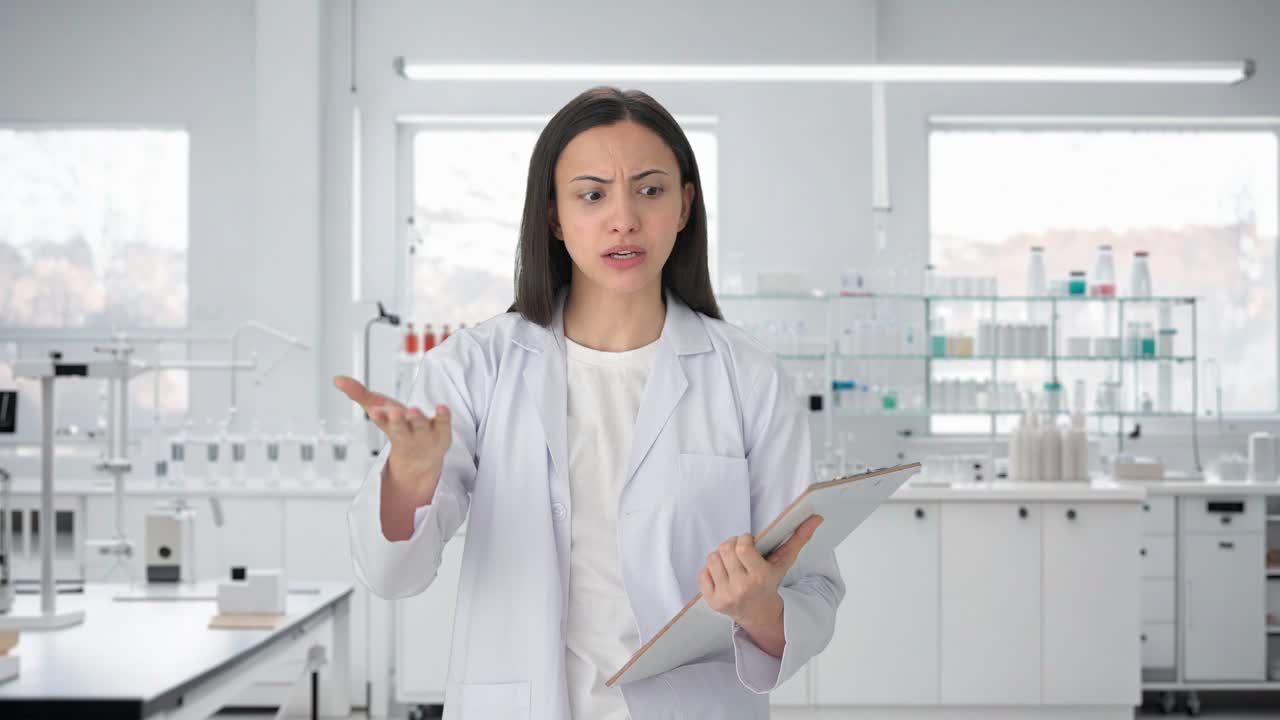 화난 인도 여성 과학자가 누군가에게 소리를 지르고 있습니다.