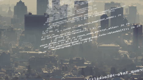 animación del procesamiento de datos frente a una vista aérea del paisaje urbano