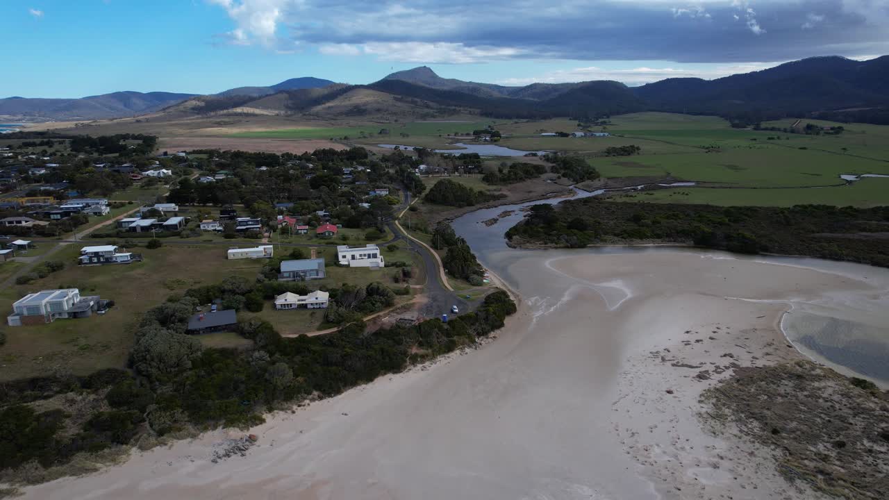 Coast Of Falmouth With Steels Beach In Tasmania, Australia - Aerial Pullback