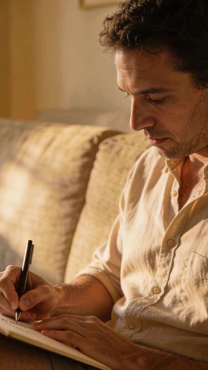 Video verticale: Uomo sul divano di casa che scrive, con le maniche arrotolate, premendo la penna, spostando il quaderno e leggendo.