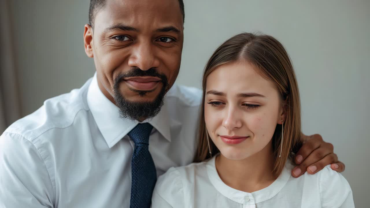 Lowering gaze man white shirt tie resting hand on woman shoulder against gray wall offering comfort