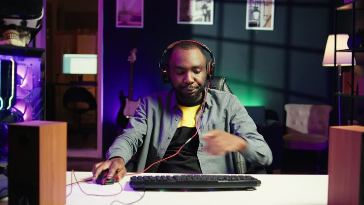Gamer che affronta giocatori rivali online, comunicando con gli amici.
