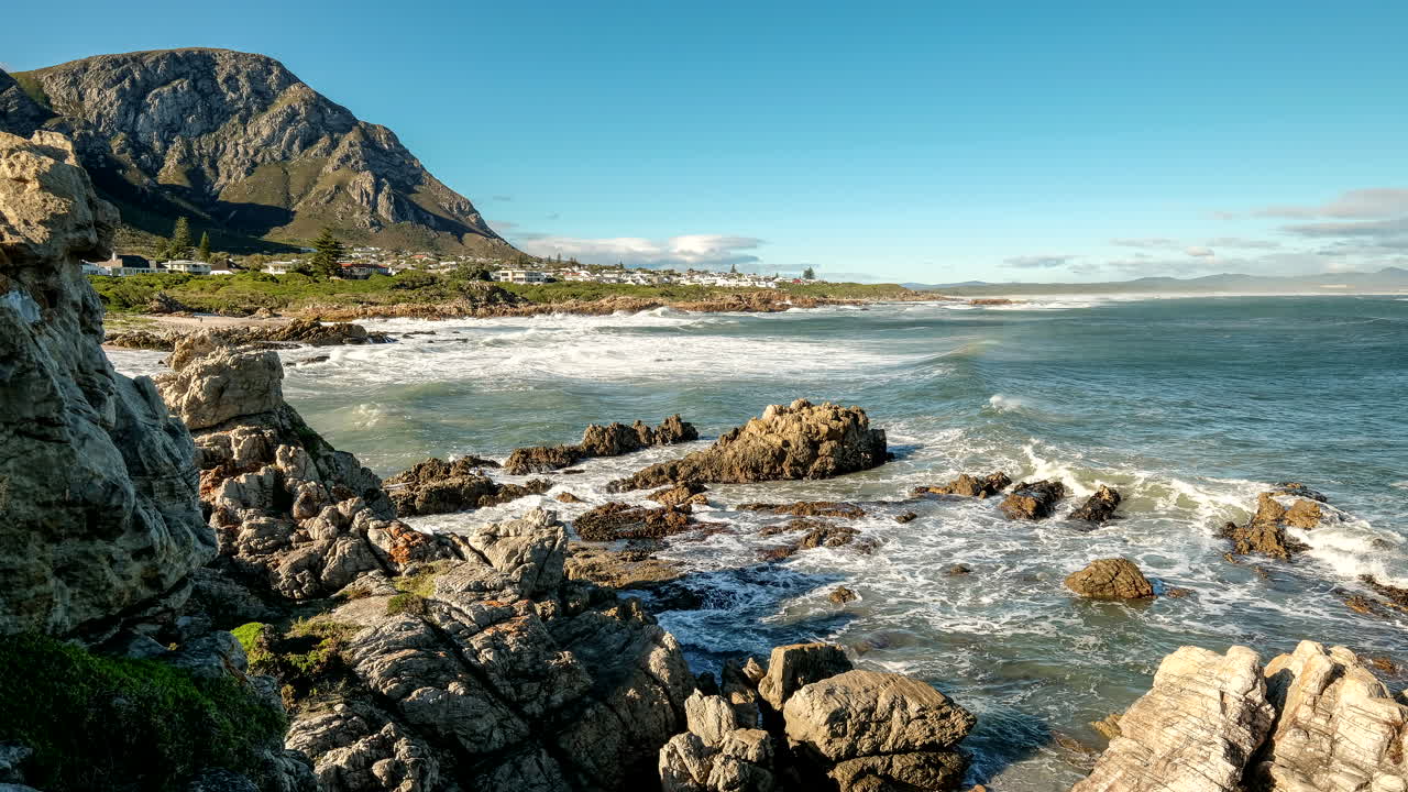 Time-lapse of Atlantic ocean waves crashing onto rugged Overstrand coastline