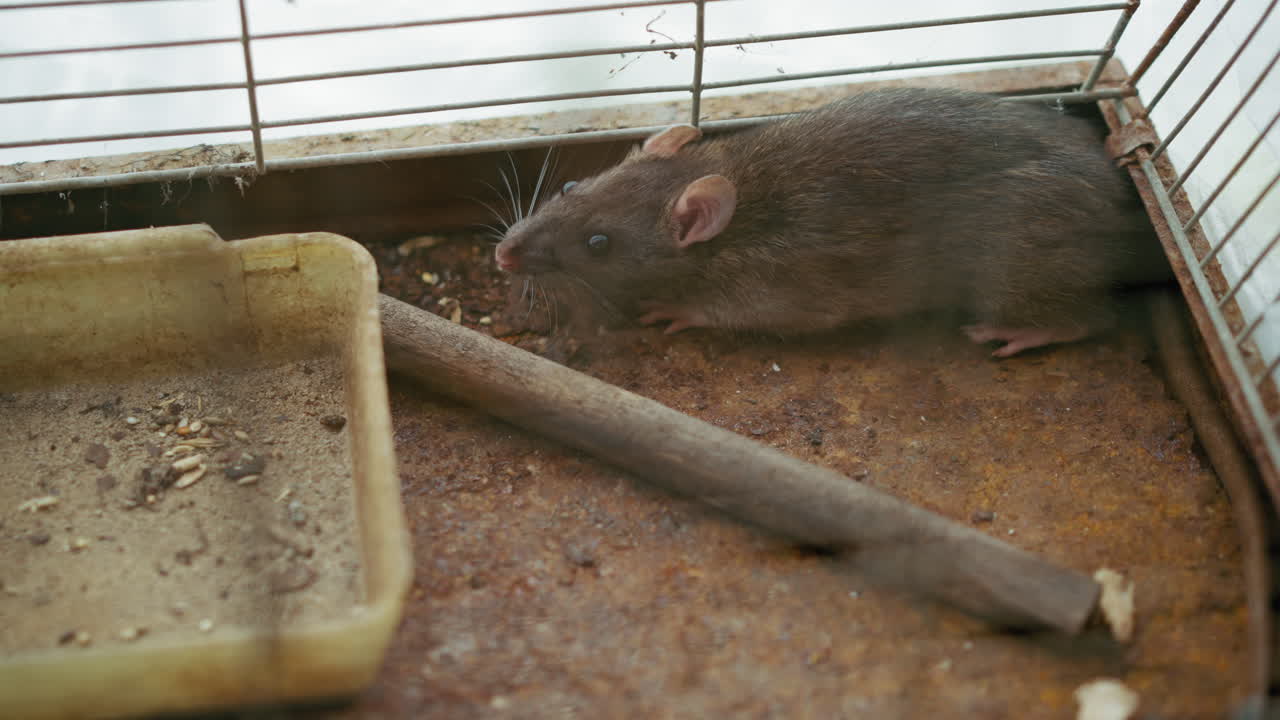 Mouse trapped inside metal cage near dirty food tray with seeds, whiskers raised and body pressed against rusty surface, rodent looking outward showing fear, survival struggle