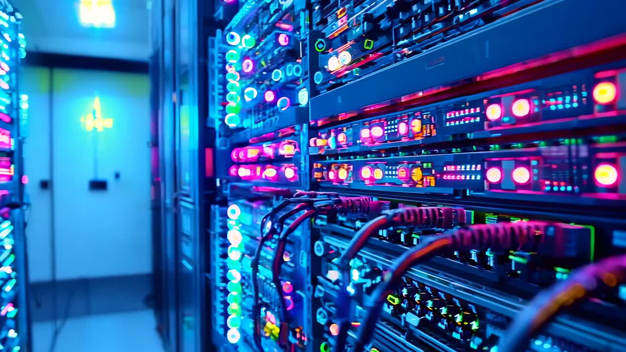 una fila de servidores en una sala de servidores con luces rojas y azules