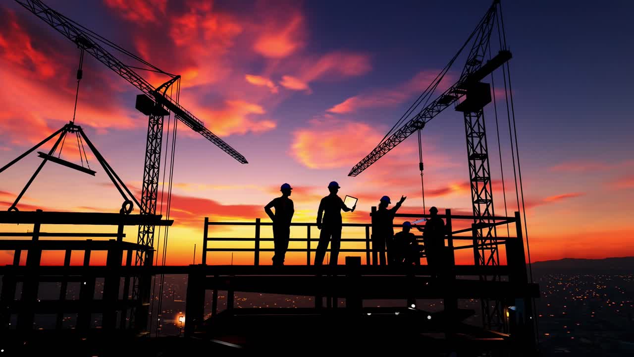 Silhouetted construction workers at sunset, low-angle shot, perfect for a time-lapse video