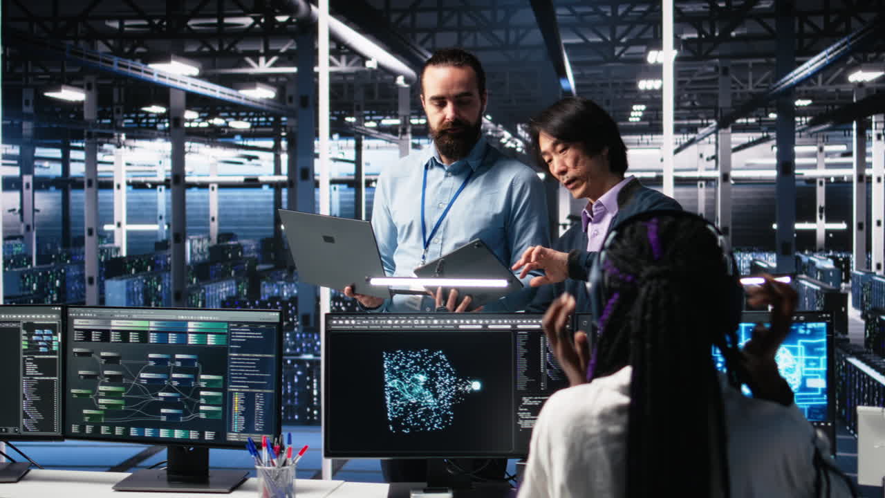 Team Of Engineers Doing Brainstorming In Server Room Using Ai