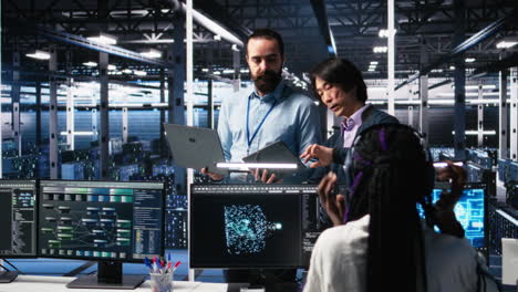 team of engineers doing brainstorming in server room using ai