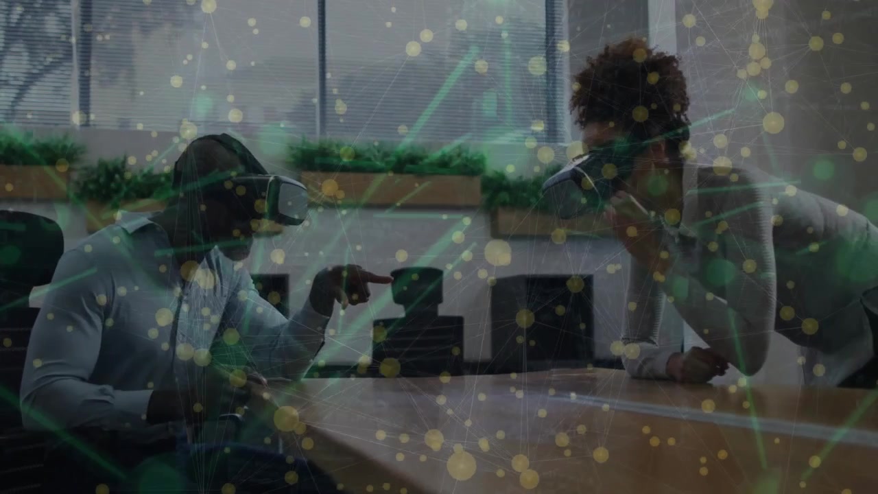 Business Professionals Using Virtual Reality Headsets with Digital Network Overlay
