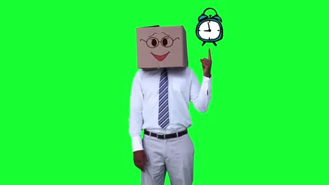 hombre de negocios con un cartón en la cabeza apuntando a un reloj de alarma animado