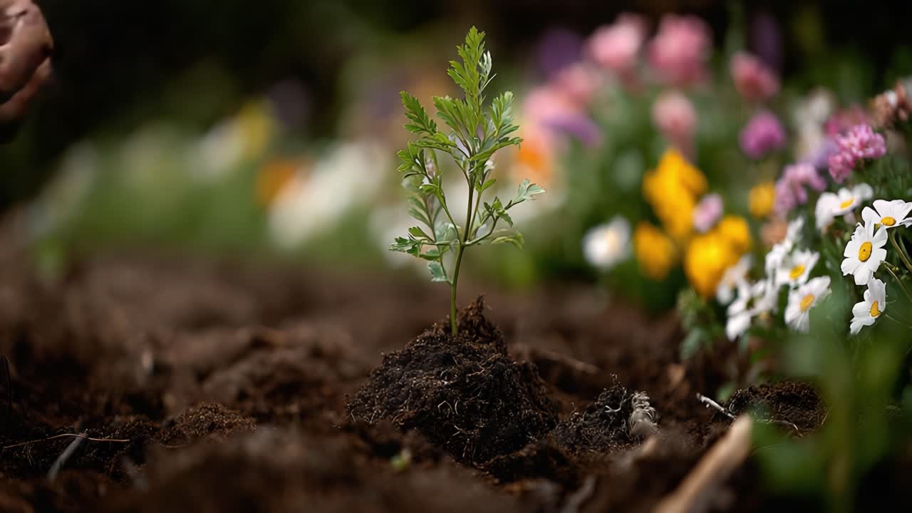 Nurturing Growth: A Gardener's Hands Planting a Seedling in Vibrant Blooming Garden Surrounded by Colorful Flowers, Symbolizing Care and New Beginnings