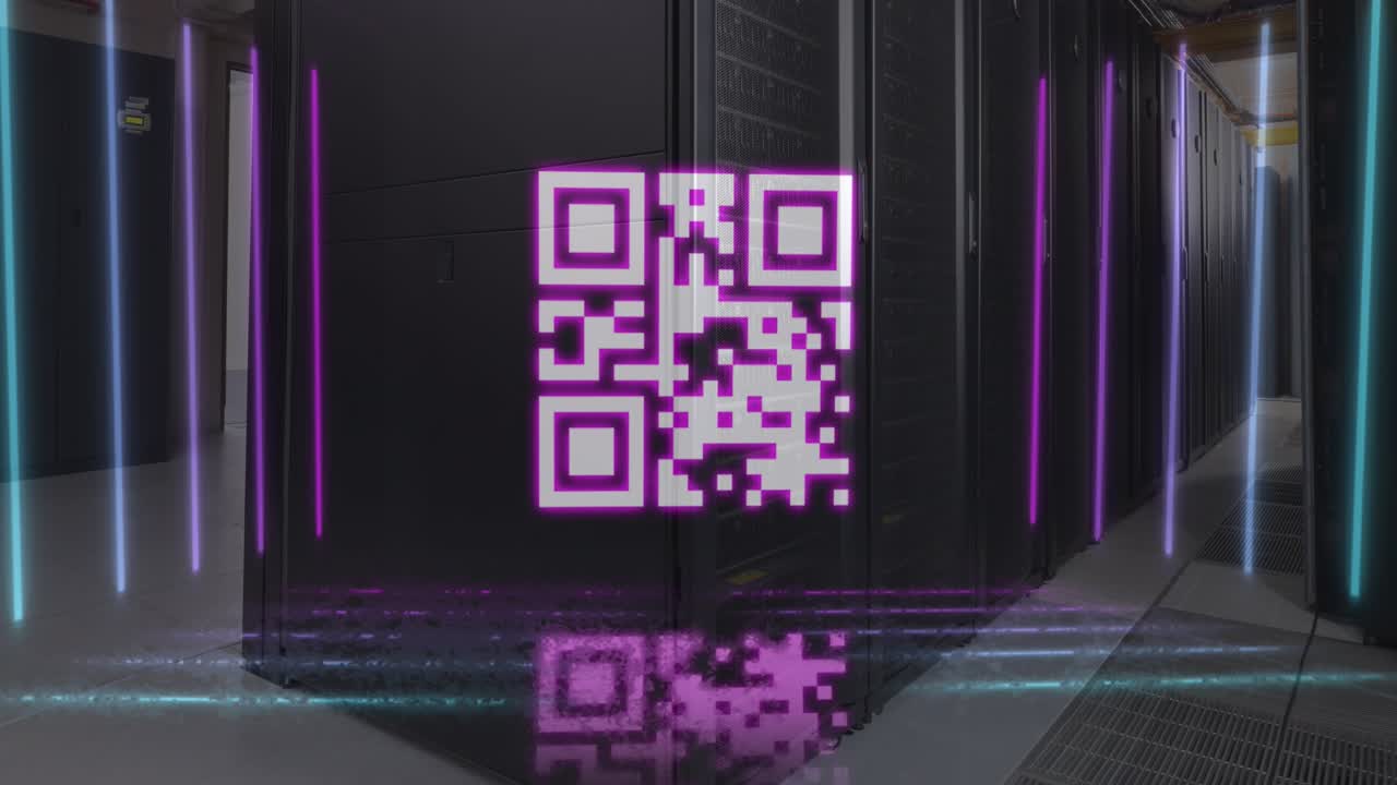 Animation of neon qr code scanner against computer server room