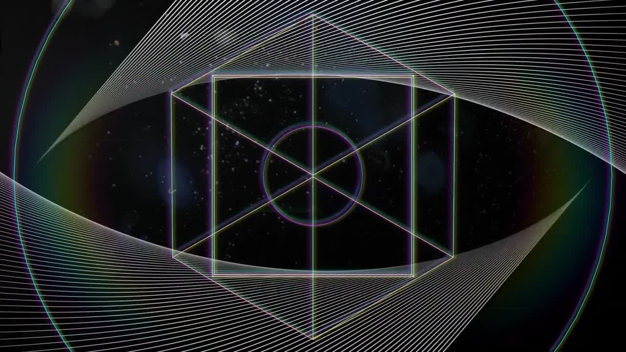 animación de formas de líneas blancas 3d giratorias, líneas paralelas y luz prismática sobre fondo negro