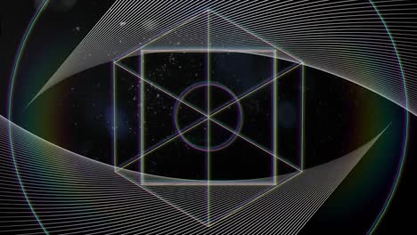 animación de formas de líneas blancas 3d giratorias, líneas paralelas y luz prismática sobre fondo negro