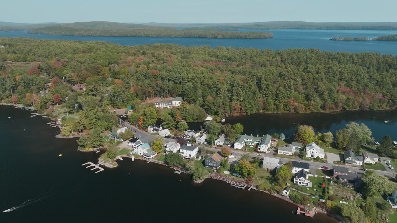 Aerial Drone View of Belgrade Lakes Village and Great Pond in Maine - Scenic Waterfront Community