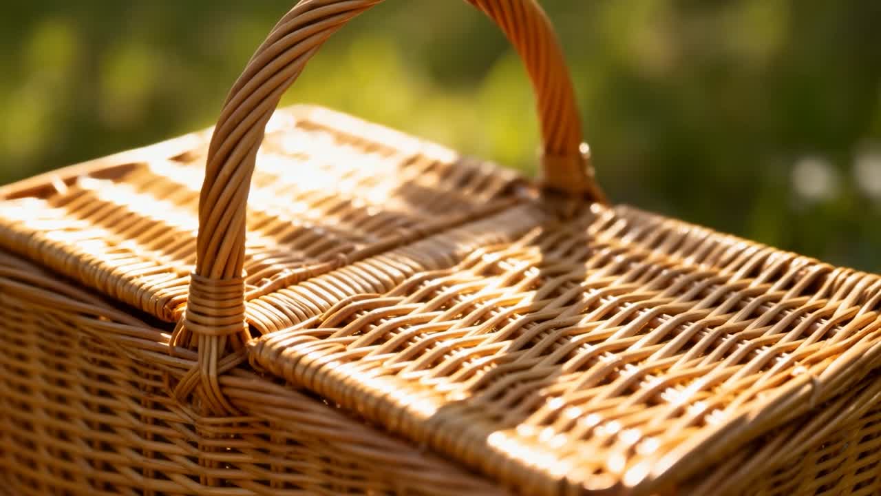 Oddálení kamery odhaluje pletený proutěný koš na trávníku, ukazuje klenuté držadlo a sluncem zalité bokeh