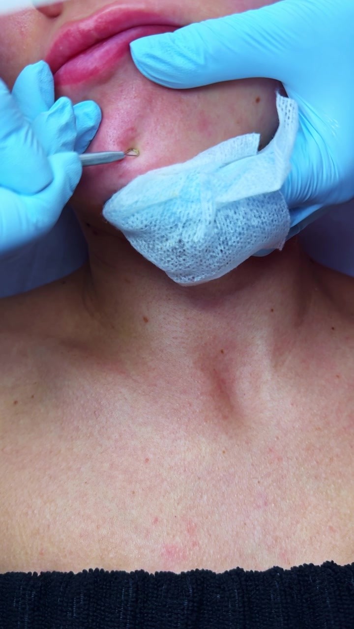 Un trattamento della pelle si svolge in un ambiente clinico mentre un operatore sanitario esegue una procedura sul viso e sulla zona del collo di un paziente, utilizzando guanti e strumenti specifici per la cura.