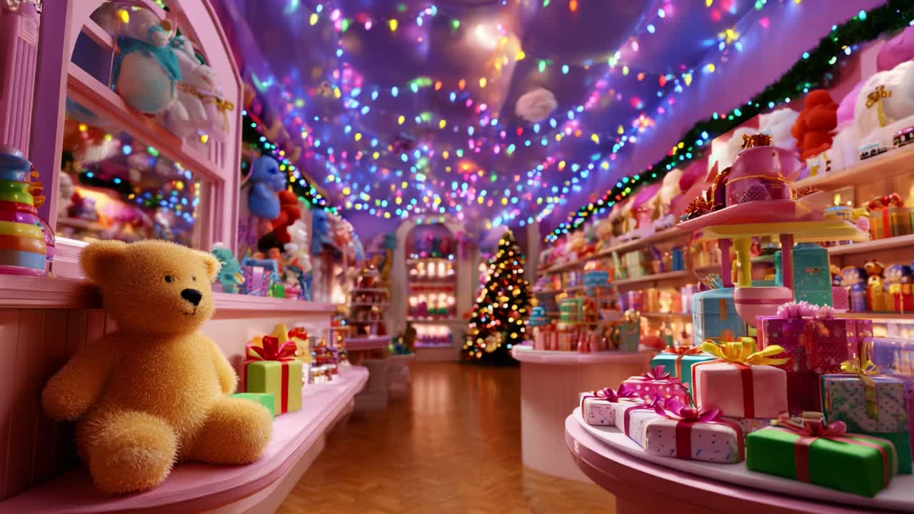 Whimsical Toy Wonderland Filled with Colorful Gifts, Twinkling Lights, and Adorable Plush Bears, Creating a Magical Atmosphere Perfect for Holiday Cheer and Joyful Celebrations in a Dreamy Setting