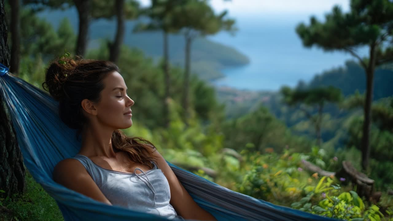 Um Momento Tranquilo de Relaxamento Enquanto uma Jovem Desfruta da Beleza Serena da Natureza, Descansando em uma Rede com uma Vista Deslumbrante da Paisagem Exuberante e do Mar Distante
