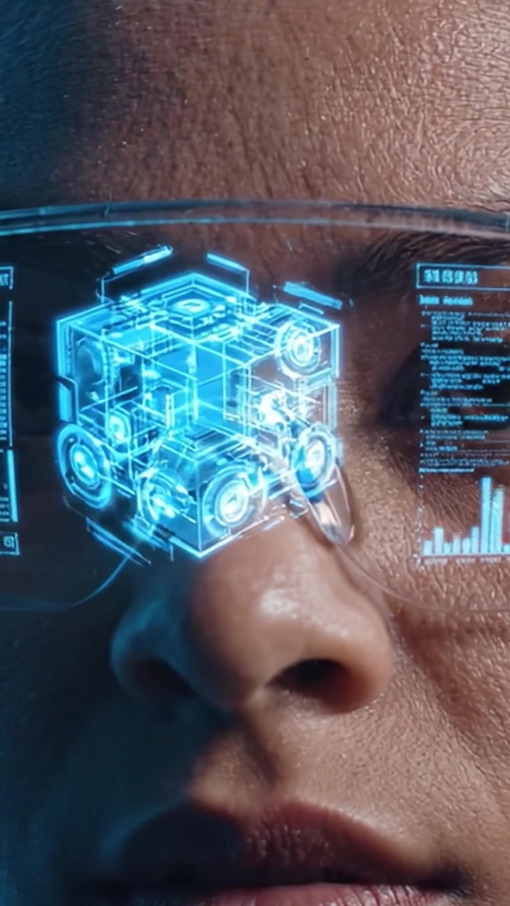 Futuristic Interface: A Close-Up on Augmented Reality Glasses Displaying Complex Data Visualizations and Interactive 3D Models in Modern Technologies