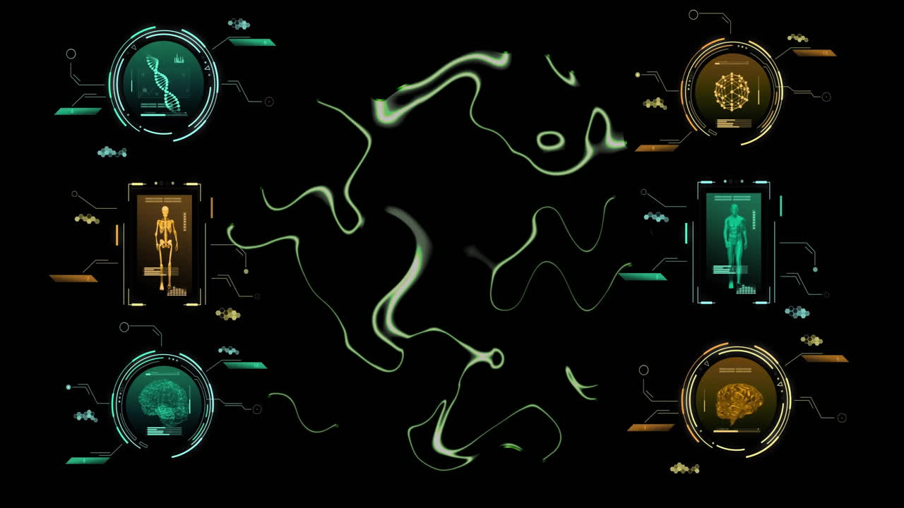 Animation of scanners processing medical data and reflective liquid on black background