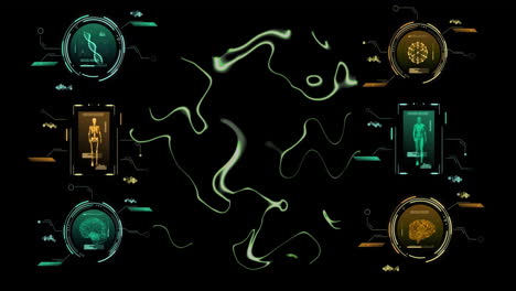 animation of scanners processing medical data and reflective liquid on black background