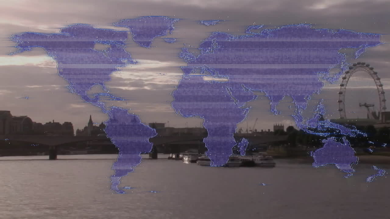 World map animation over cityscape with river and Ferris wheel in background