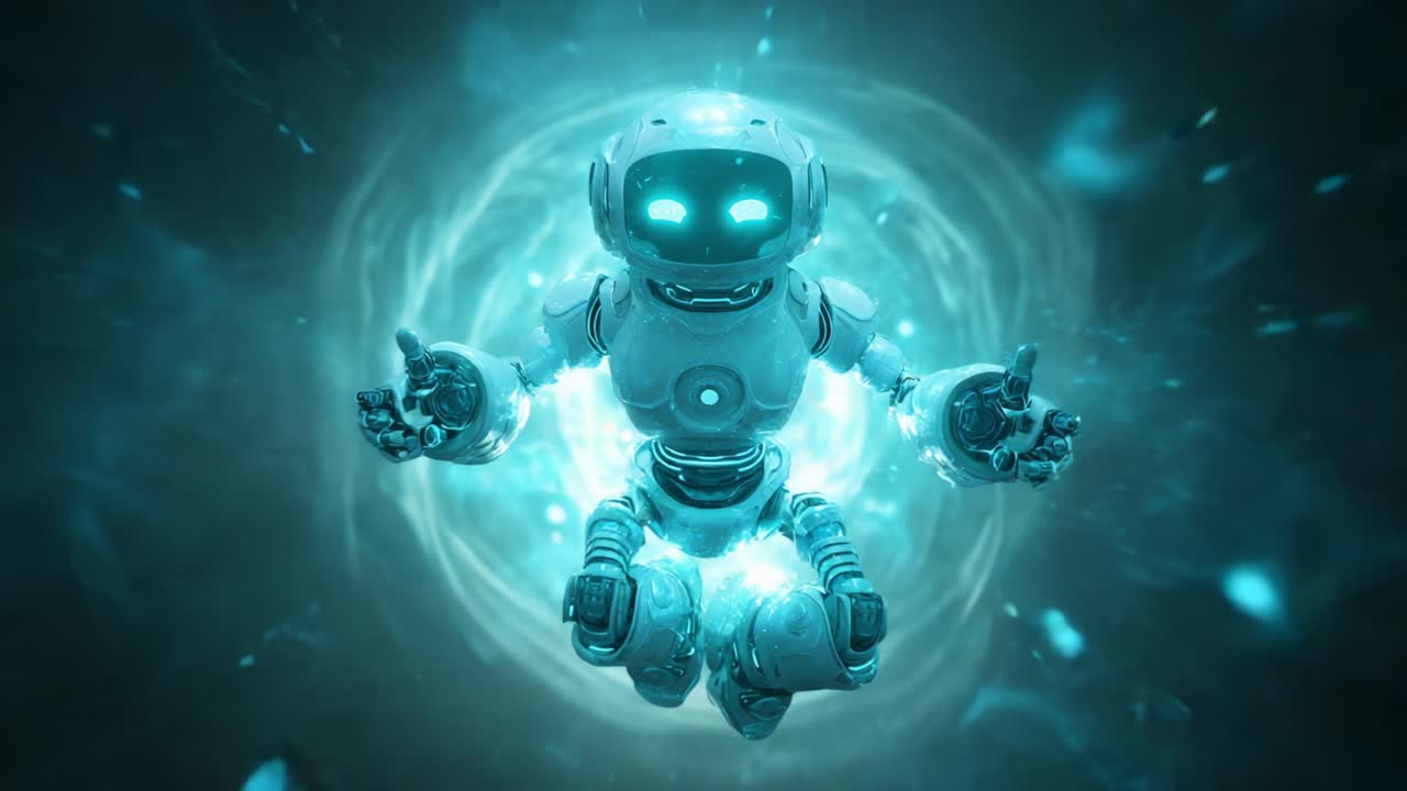 A mesmerizing robotic figure, radiating energy and showcasing advanced futuristic technology, floats gracefully in a vibrant cosmic aura, embodying the potential of artificial intelligence and animation
