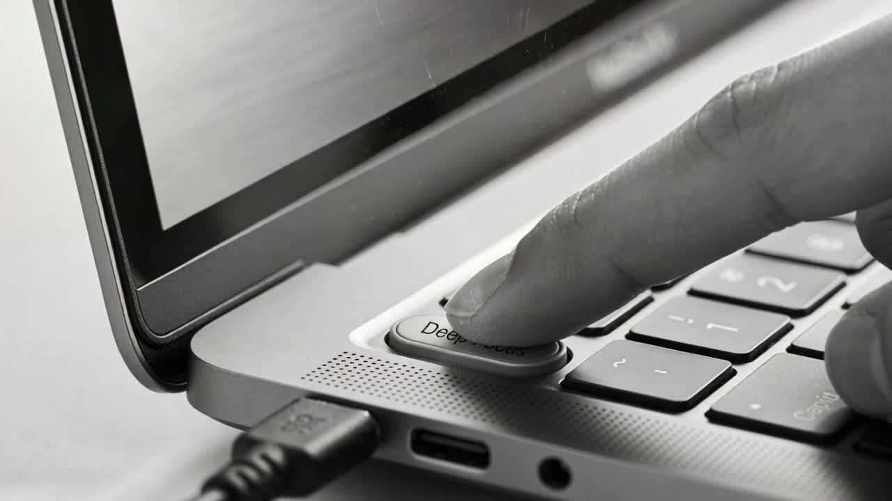Approaching right index finger pressing Deep Focus button on laptop palm-rest, USB cable visible