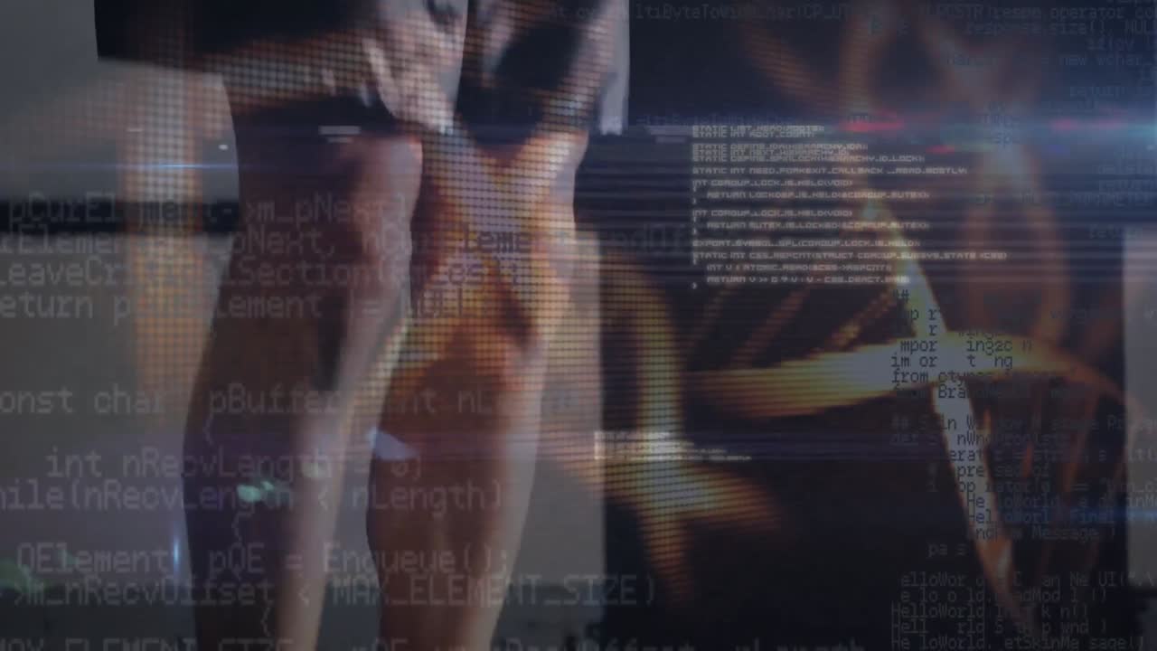 animación de procesamiento de datos y cadenas de adn sobre hombre caucásico saltando en el gimnasio