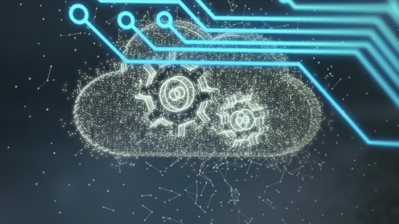 Cloud computing concept with digital gears and network connections animation