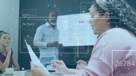 Animation of connections and data processing over diverse colleagues having meeting in office