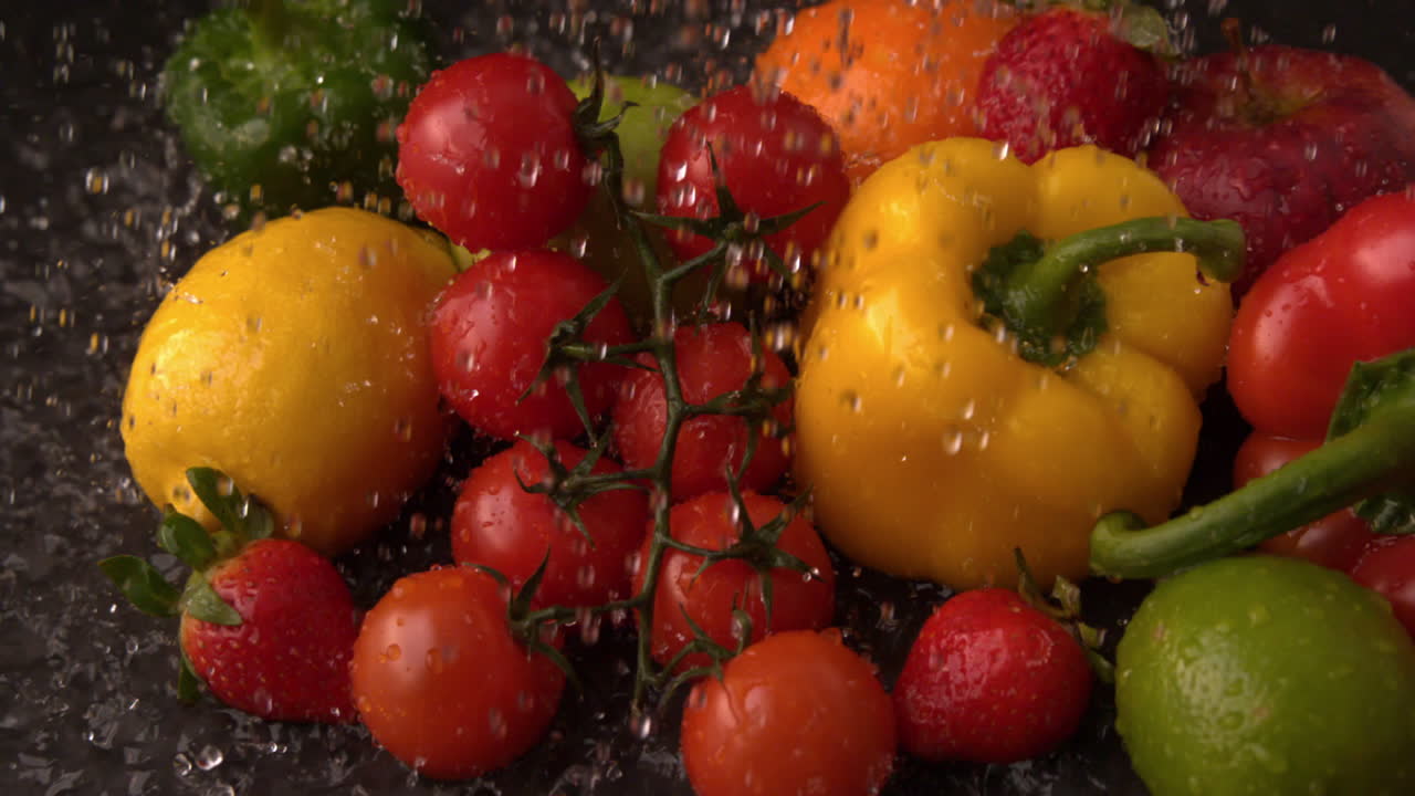 신선한 과일과 채소의 선택에 비가 내리는 물